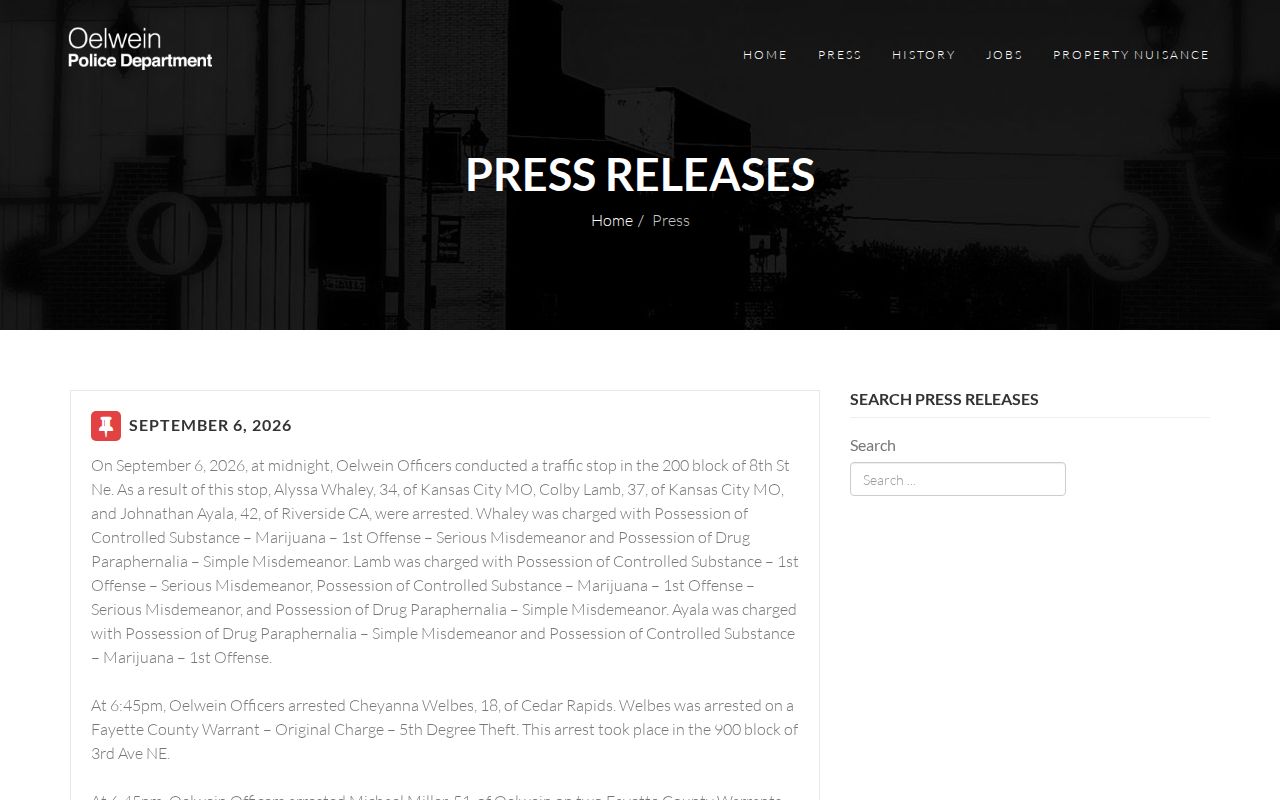 Official Oelwein Police press releases with dated local law enforcement entries