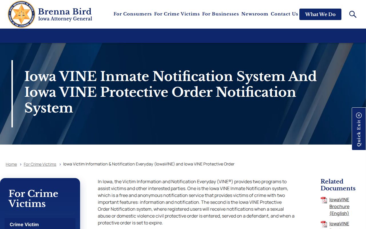 Iowa Attorney General IowaVINE policy and victim notification support page