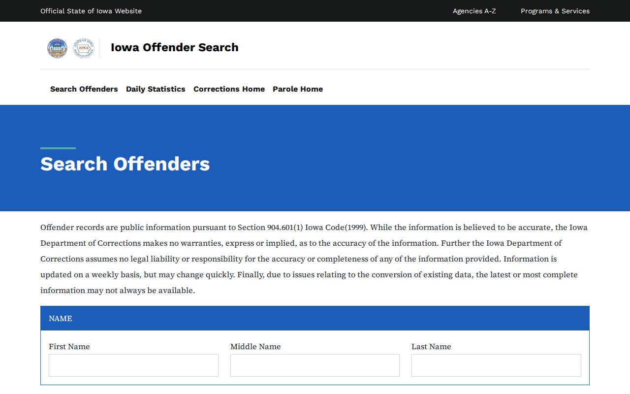 Iowa Department of Corrections offender search for state custody